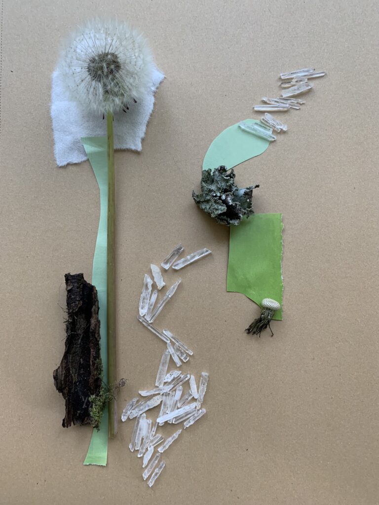 Temporary collage arrangement of a dandelion seed head, a strip of pale green paper, quartz crystal fragments, a scrap of lichen, green paper, and a small puffball mushroom, on cardboard.