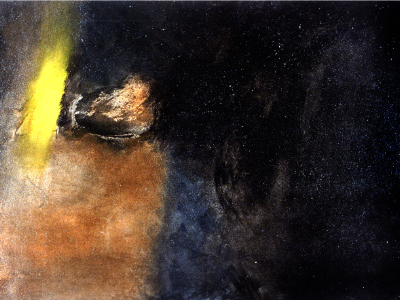 Abstract painting in black, gold, and rust with a luminous vertical form against a dark ground.